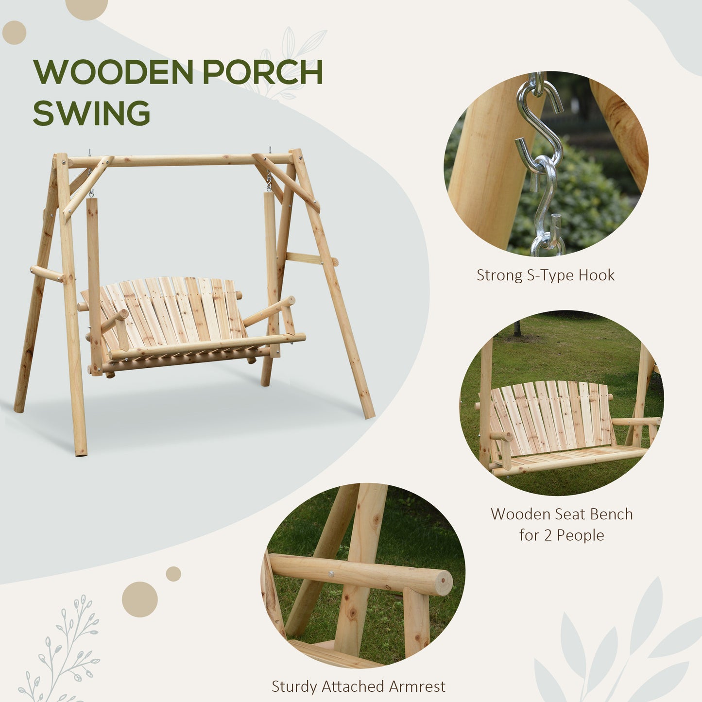 Freestanding 6.5' Wooden Loveseat Traditional Farmhouse Style Log Swing Natural Wood