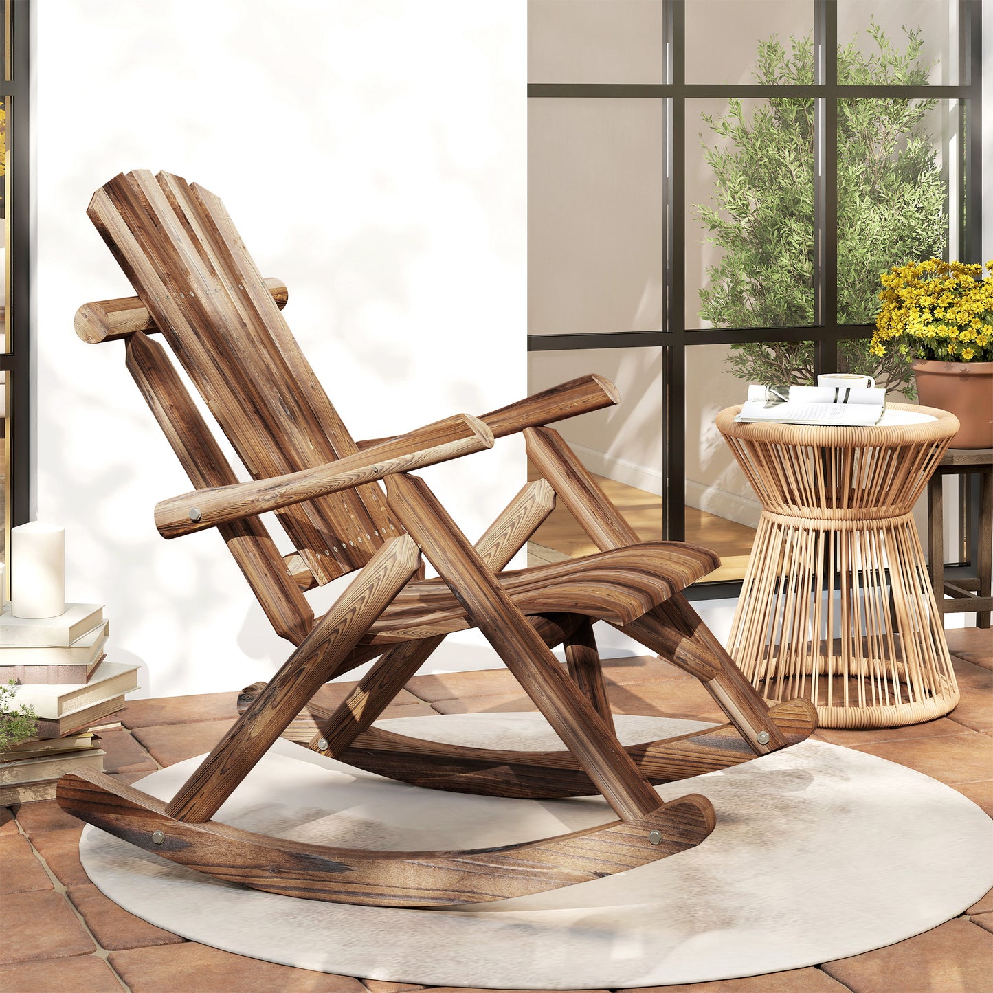Wooden Outdoor Rocking Chair, Oversized Adirondack Patio Rocker with High Back and Slatted Seat, Carbonized