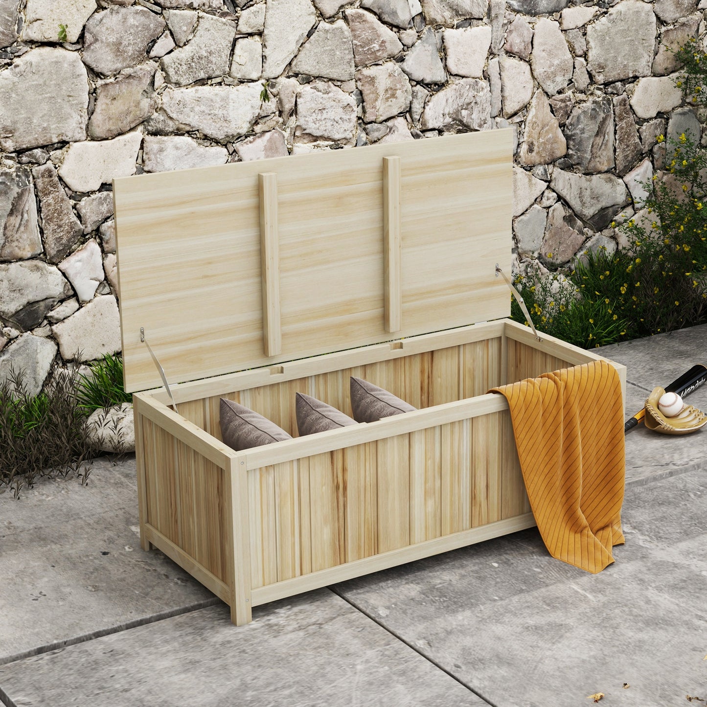 45 Gallon Wooden Storage Box patio Deck Box Bench, Garden Backyard Outdoor Storage Container, Natural