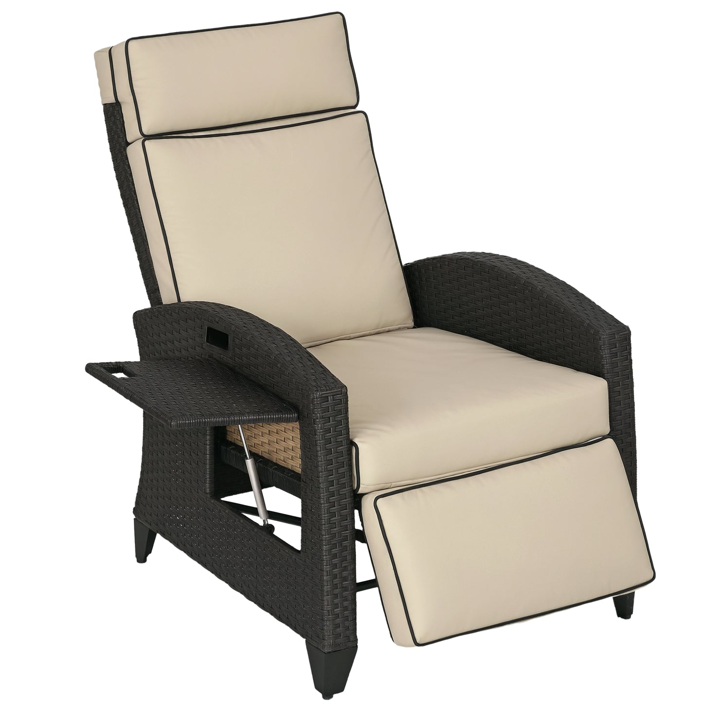 Outdoor Recliner Chair with Adjustable Backrest, Cushion, Side Tray, Black
