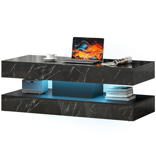 LED Coffee Table with 2 Drawers and Shelf - Marble-Effect Black