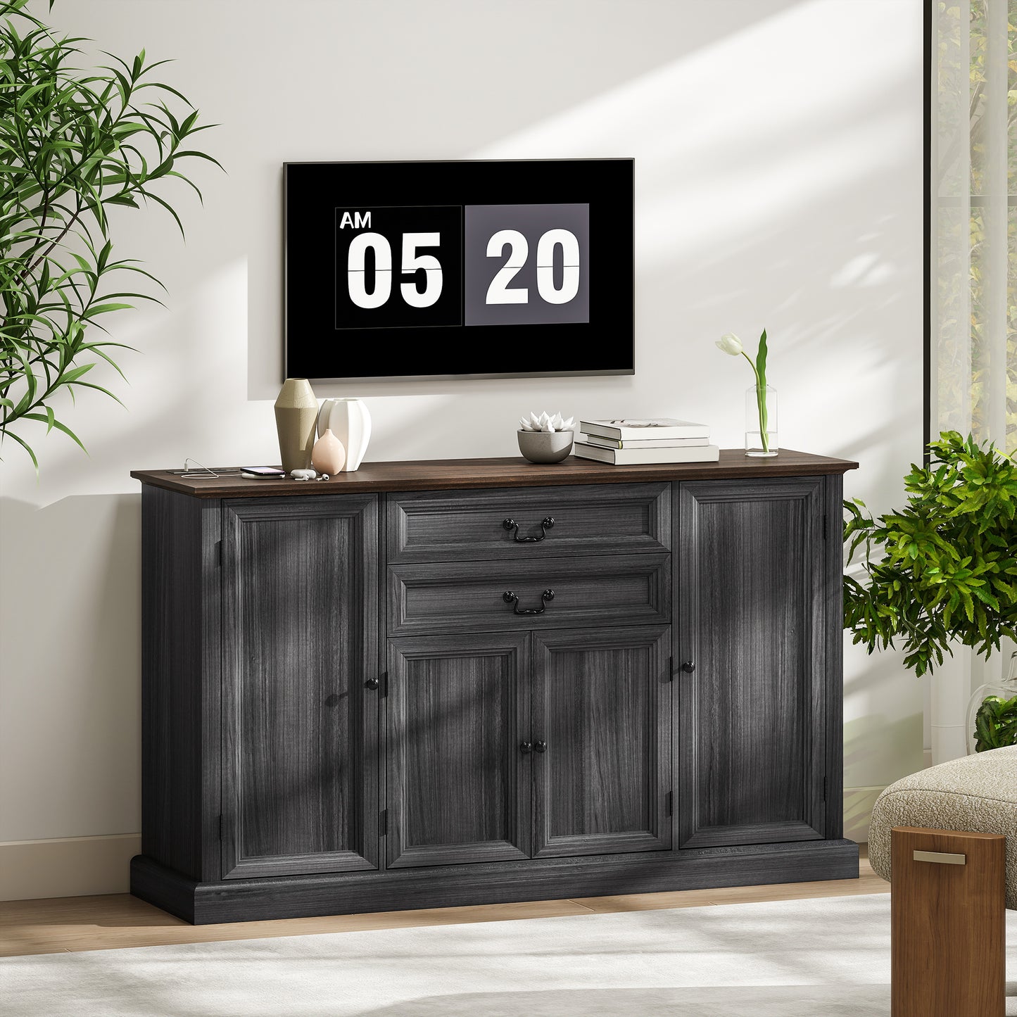 Farmhouse Sideboard with Charging Station and Thickened Top, 58" Buffet Cabinet with 2 Soft-Close Drawers, Black