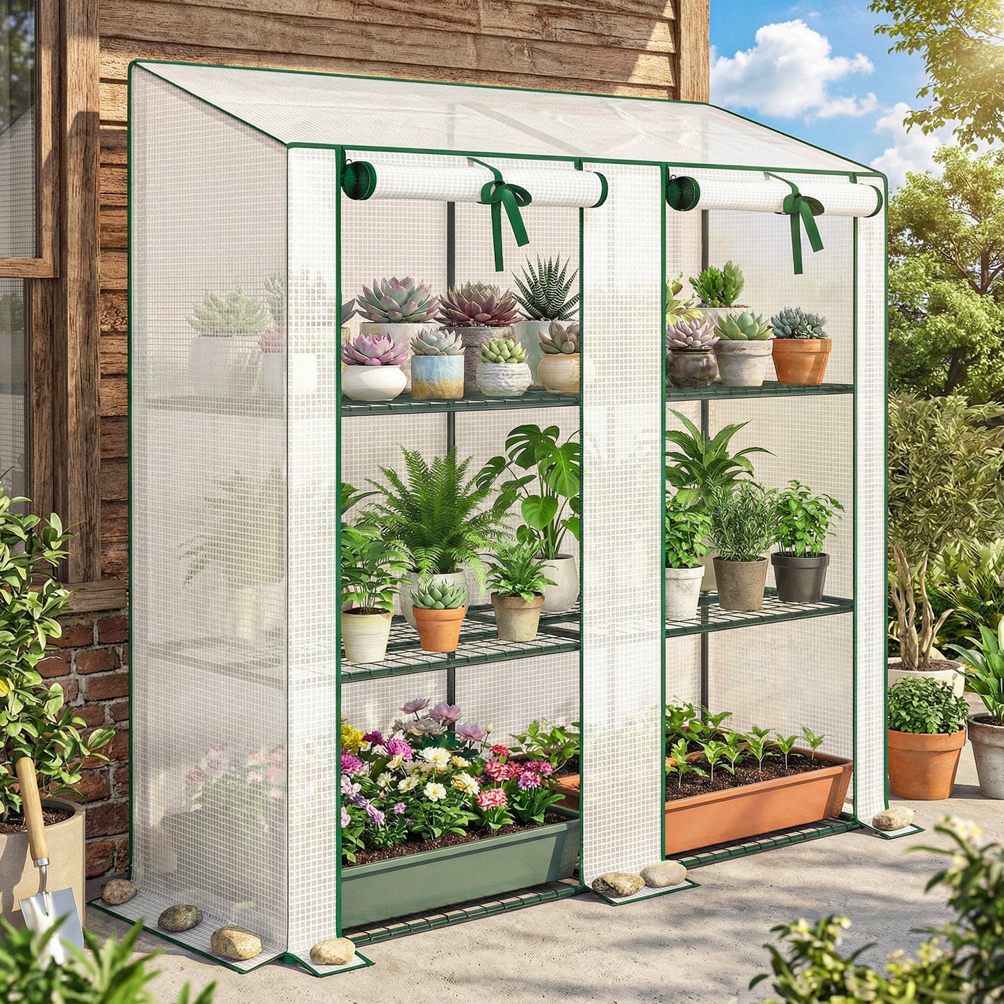 Portable Mini Greenhouse Green House with 3 Tier Shelves, Reinforced PE Cover, Roll-up Doors, 56.3"x18.1"x59.4", White