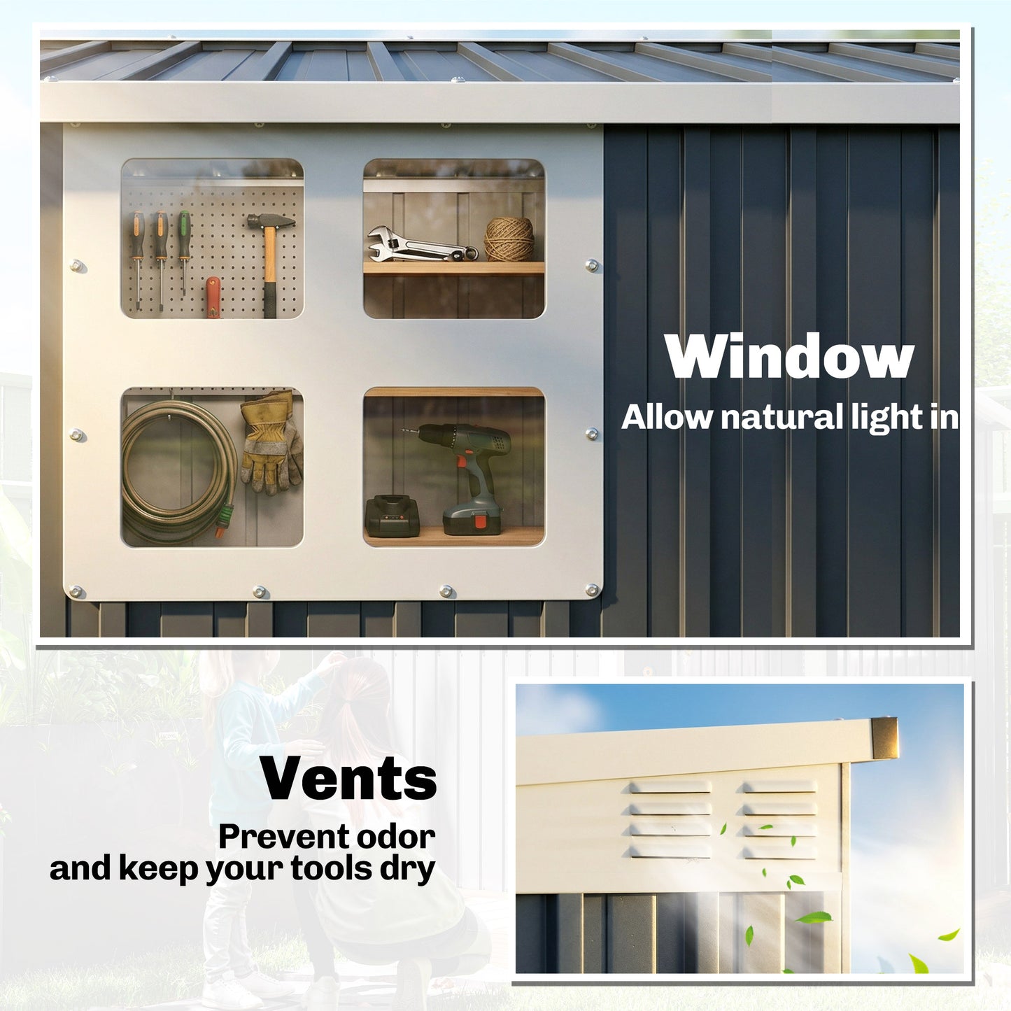 Outdoor Storage Shed, Metal Garden Shed with Window, 2 Vents and Lockable Door for Backyard, Garden, Patio