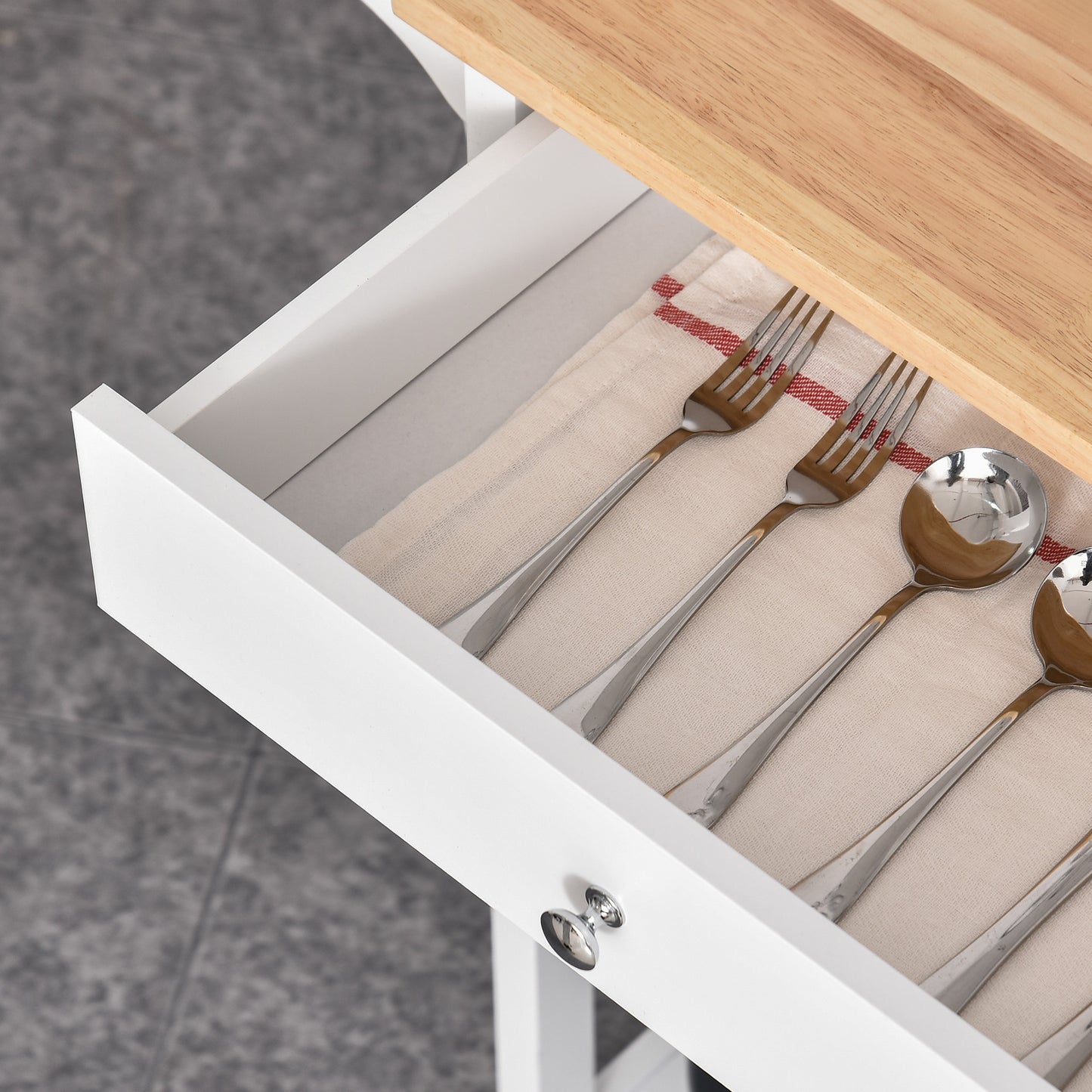 Modern Rolling Kitchen Island Cart with Drawer, Natural Wood Top, Towel Rack, Door Storage Cabinet, White