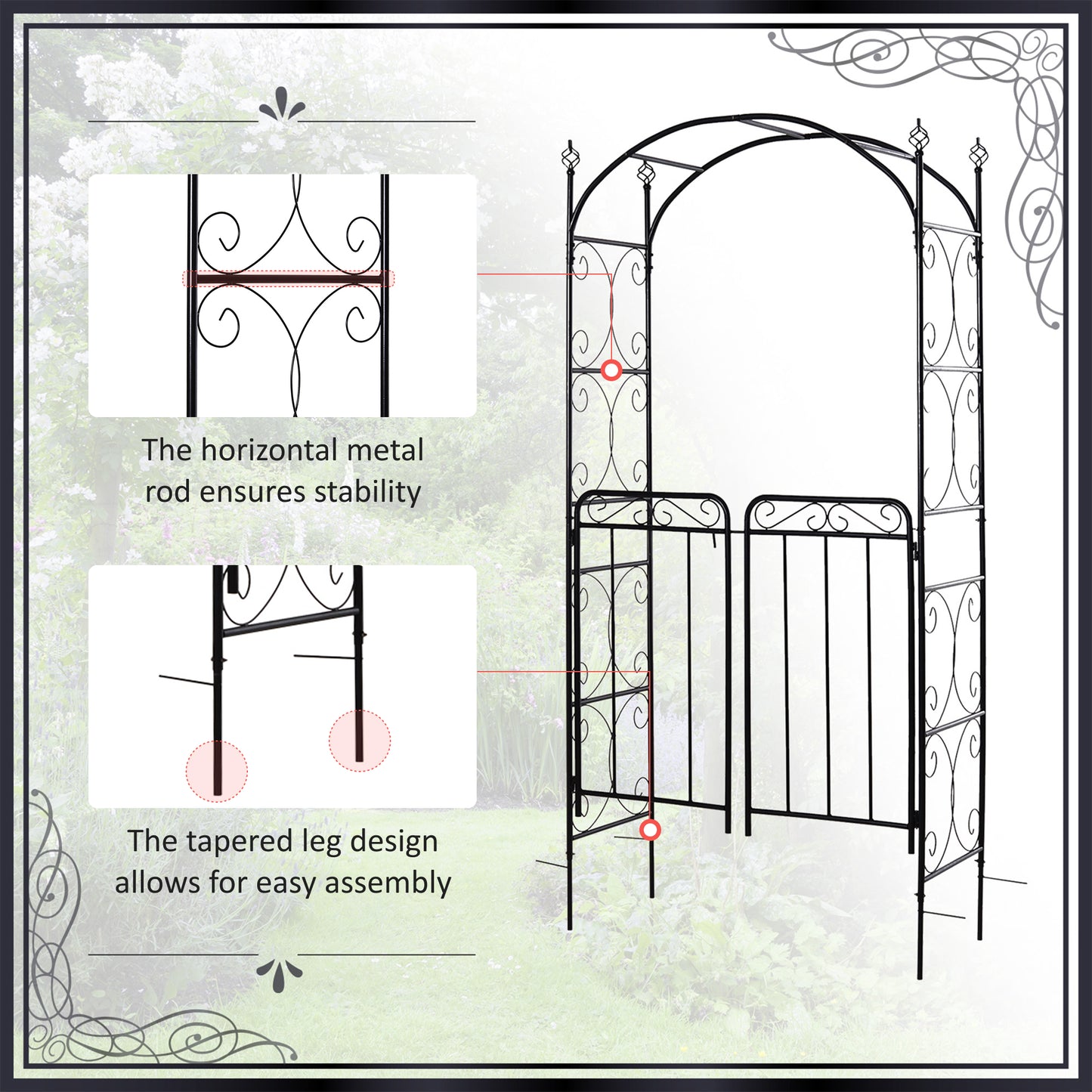 7' Metal Garden Arbor Arch with Scrollwork Doors