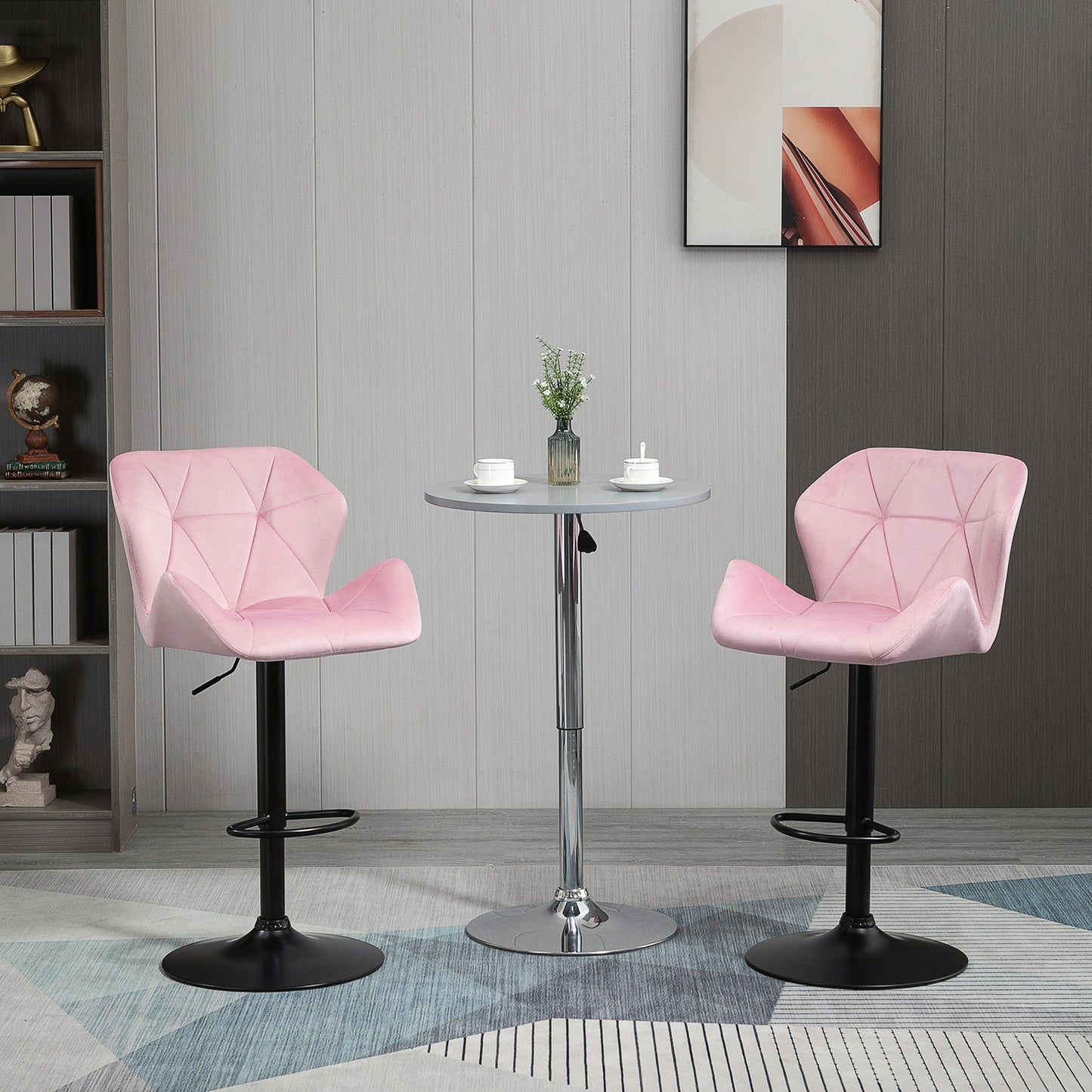 Velvet-Touch Bar Stool Set of 2 Fabric Adjustable Height Armless Counter Chairs with Swivel Seat, Pink