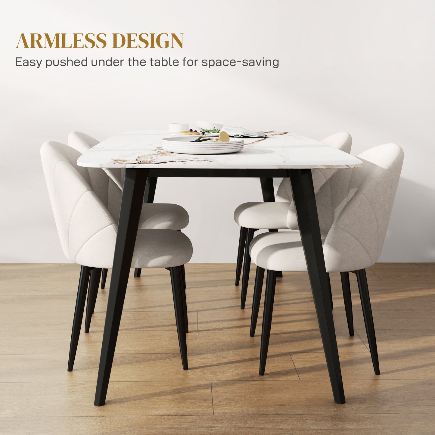 Modern Dining Chairs Set of 4, Upholstered Dining Room Chairs with Metal Legs, Shell Backrest, Padded Seat, Cream White