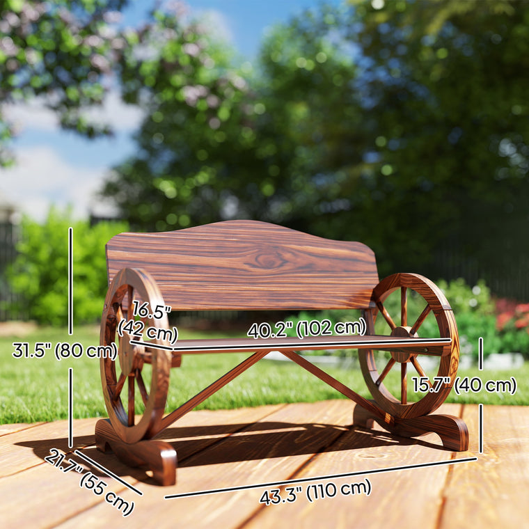 Carbonized Wood Garden Bench with Wagon Wheel Armrests