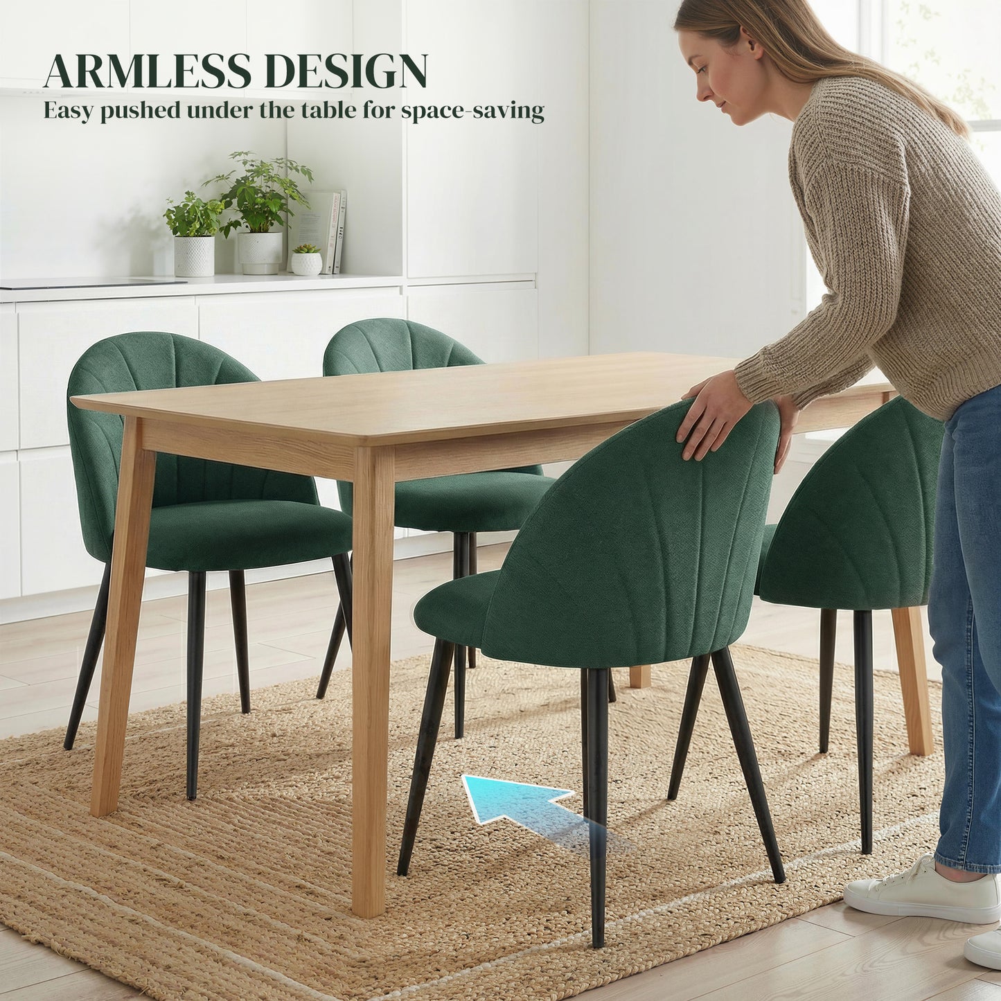 Modern Dining Chairs Set of 4, Upholstered Dining Room Chairs with Metal Legs, Shell Backrest, Padded Seat, Green
