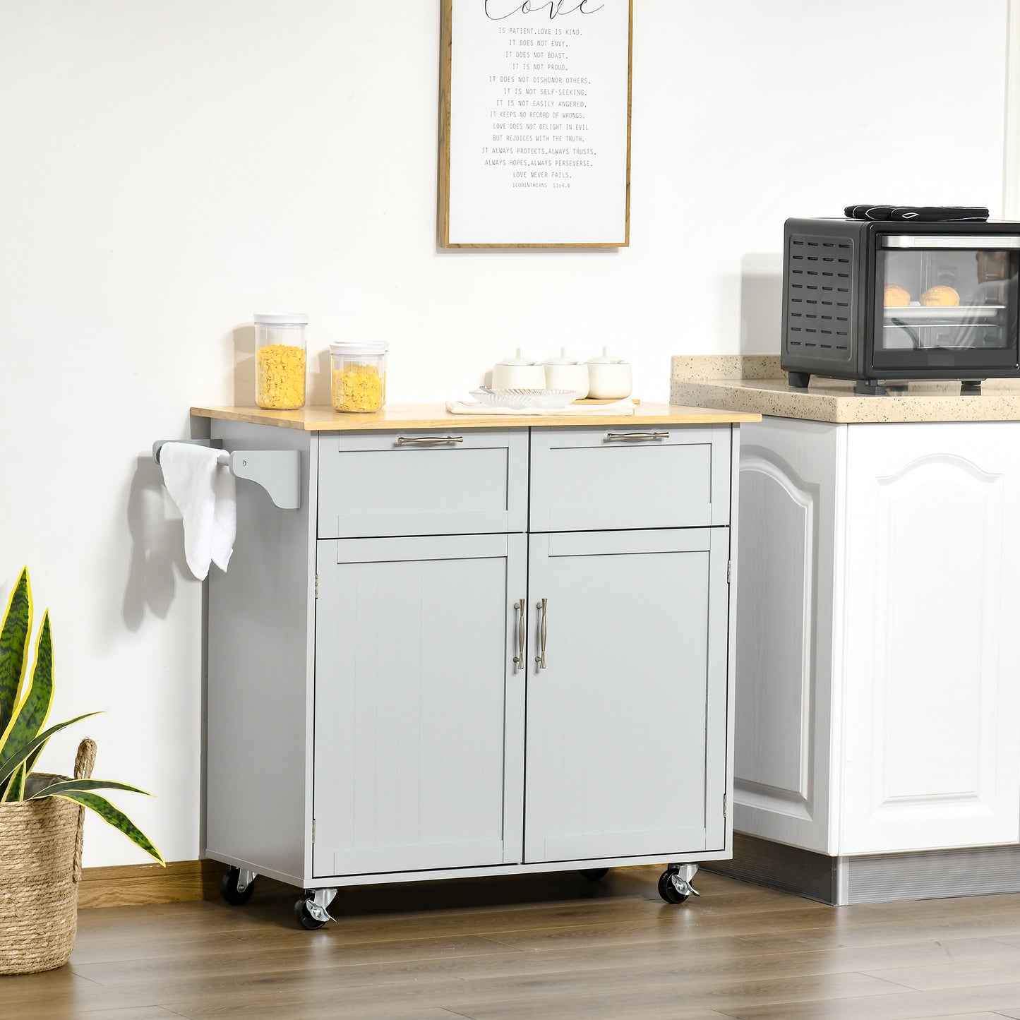 41" Kitchen Island with Storage and Solid Wood Top, Rolling Kitchen Cart on Wheels with 2 Storage Drawers, 2 Doors and Towel Rack for Dining Room, Grey