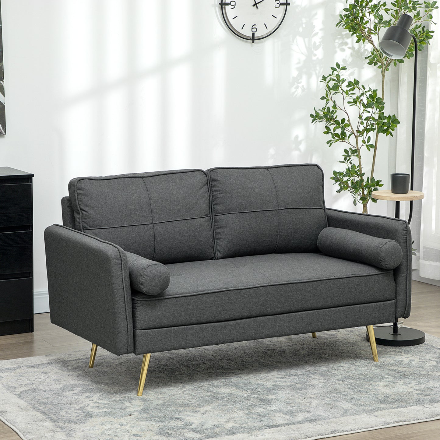 56" Loveseat Sofa for Bedroom Upholstered 2 Seater Couch with Back Cushions and Pillows, Dark Grey