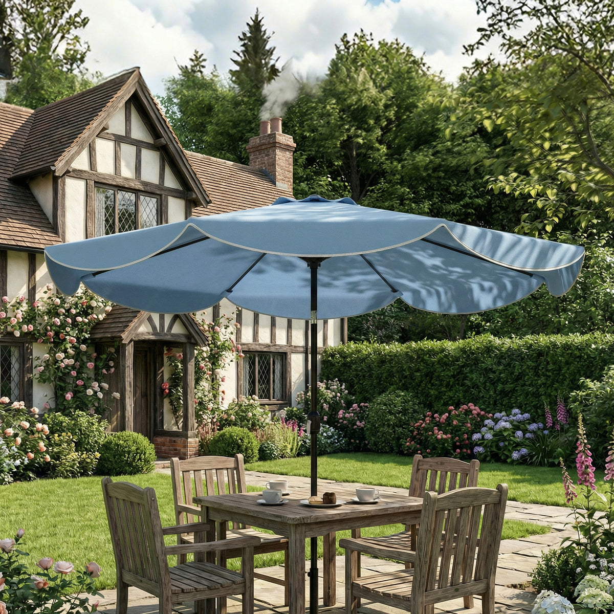 9' x 9' Sky Blue Round Market Umbrella with Valance & Tilt Crank