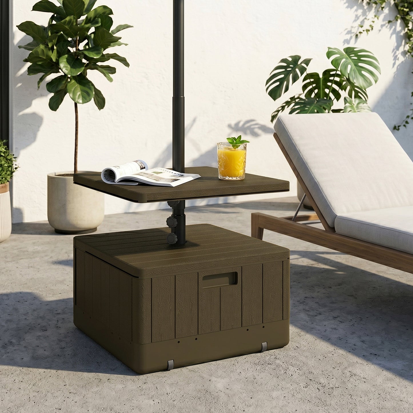 Patio Umbrella Weighted Base with Table Tray, Heavy Duty Umbrella Base with Wheels Handles, Brown