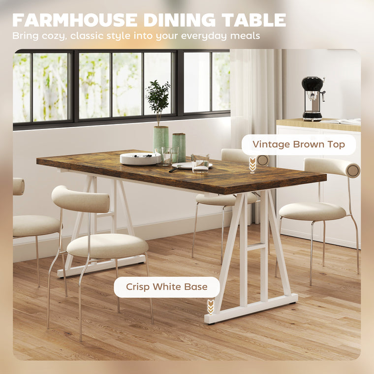 Farmhouse Dining Table for 8 with Trestle Legs - Brown and White