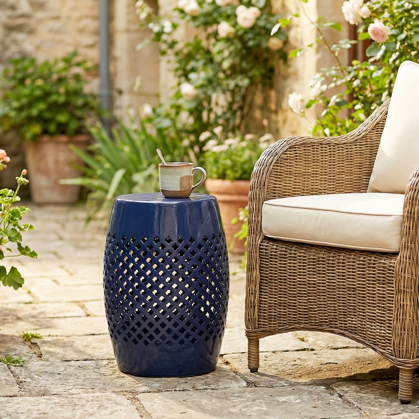 12" Steel Patio End Table, Round Hollow Drum Side Table, Accent Table for Indoor and Outdoor, Navy Blue