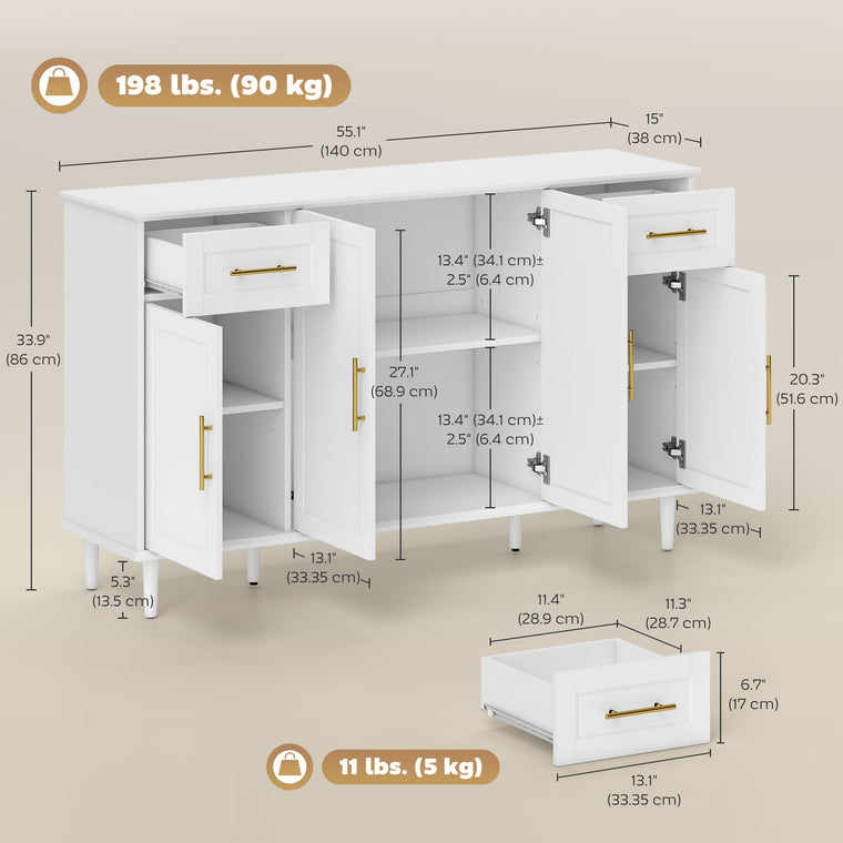 55" Buffet Cabinet with Soft-Close Doors and Drawers - White