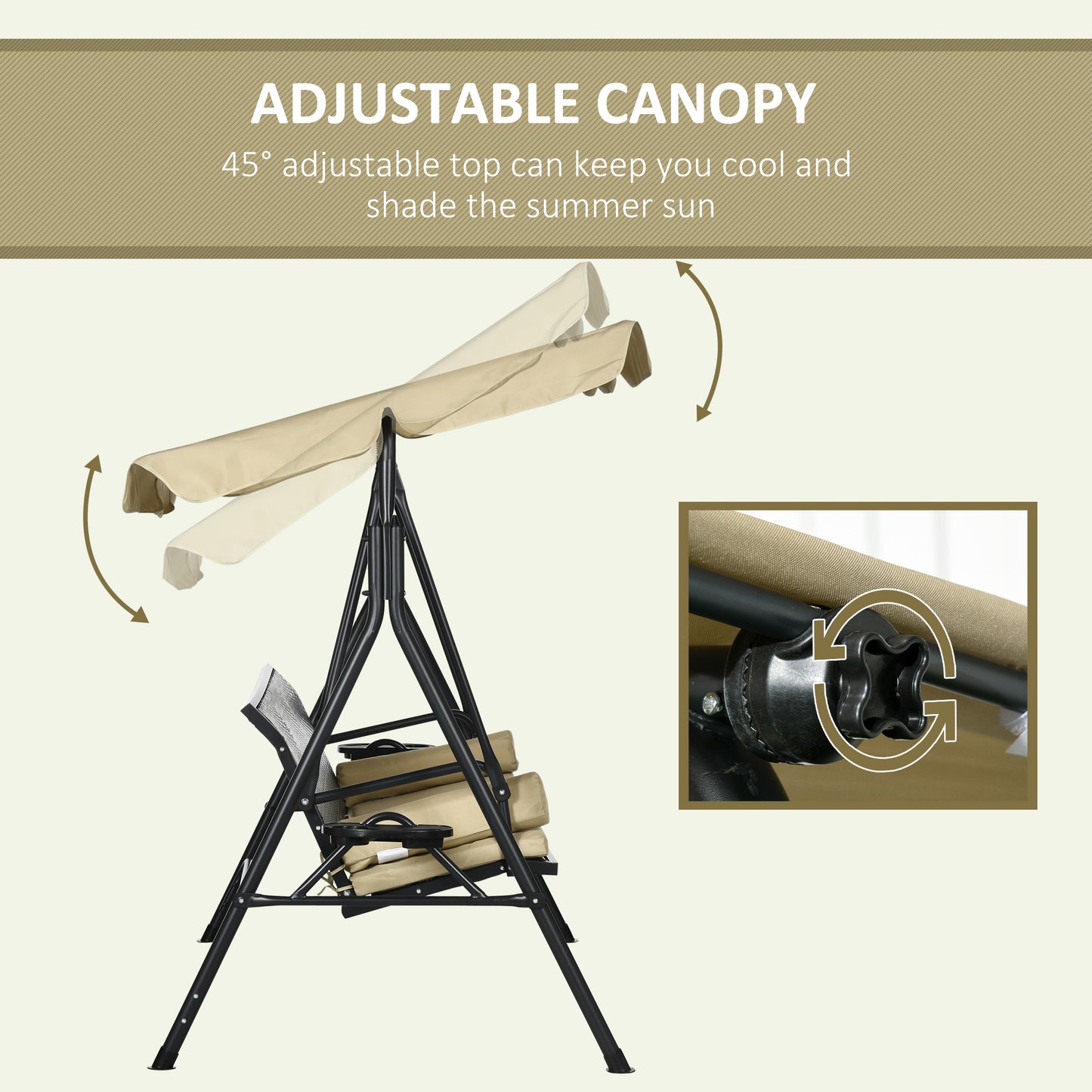 Outdoor 3-Seat Porch Swing with Canopy, Rattan Seat, Removable Cushion, Pillows and Steel Frame