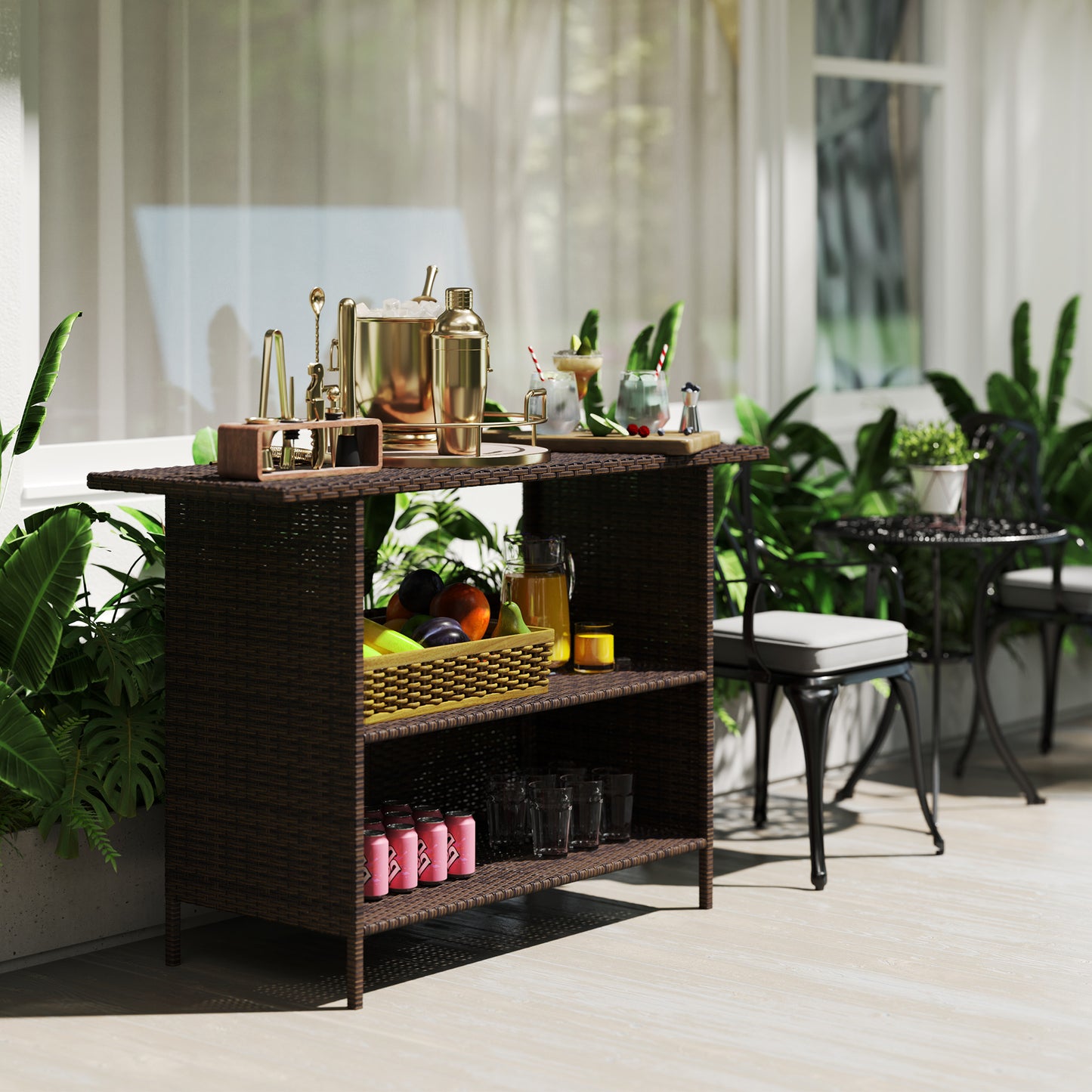 Wicker Outdoor Bar Table, PE Rattan Bar Height Patio Table with 2 Shelves, Steel Frame for Garden, Backyard, Dark Grey
