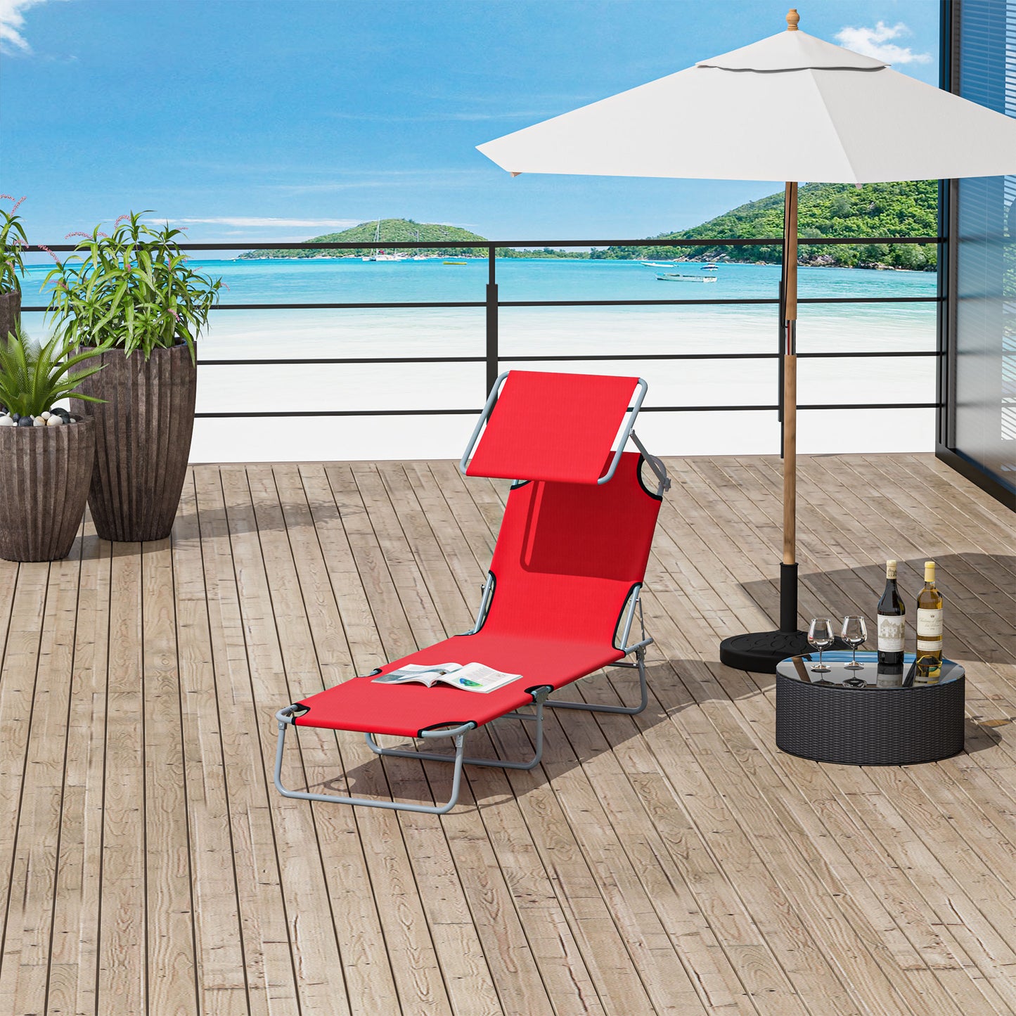 Outdoor Lounge Chair, Adjustable Folding Chaise Lounge, Tanning Chair with Sun Shade for Beach, Camping, Hiking, Backyard, Light Grey - Red