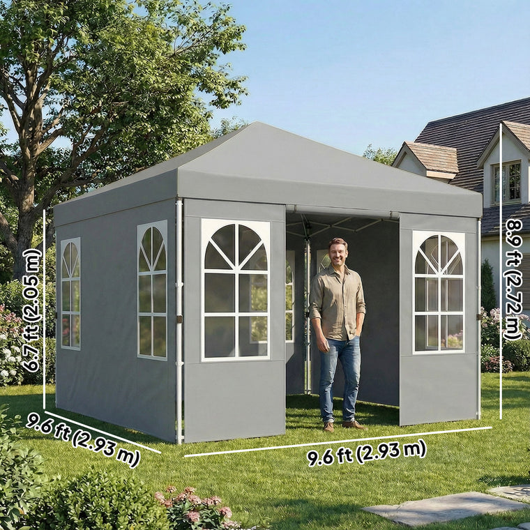 9.6' x 9.6' Light Grey Pop-Up Canopy Tent with 4 Sidewalls