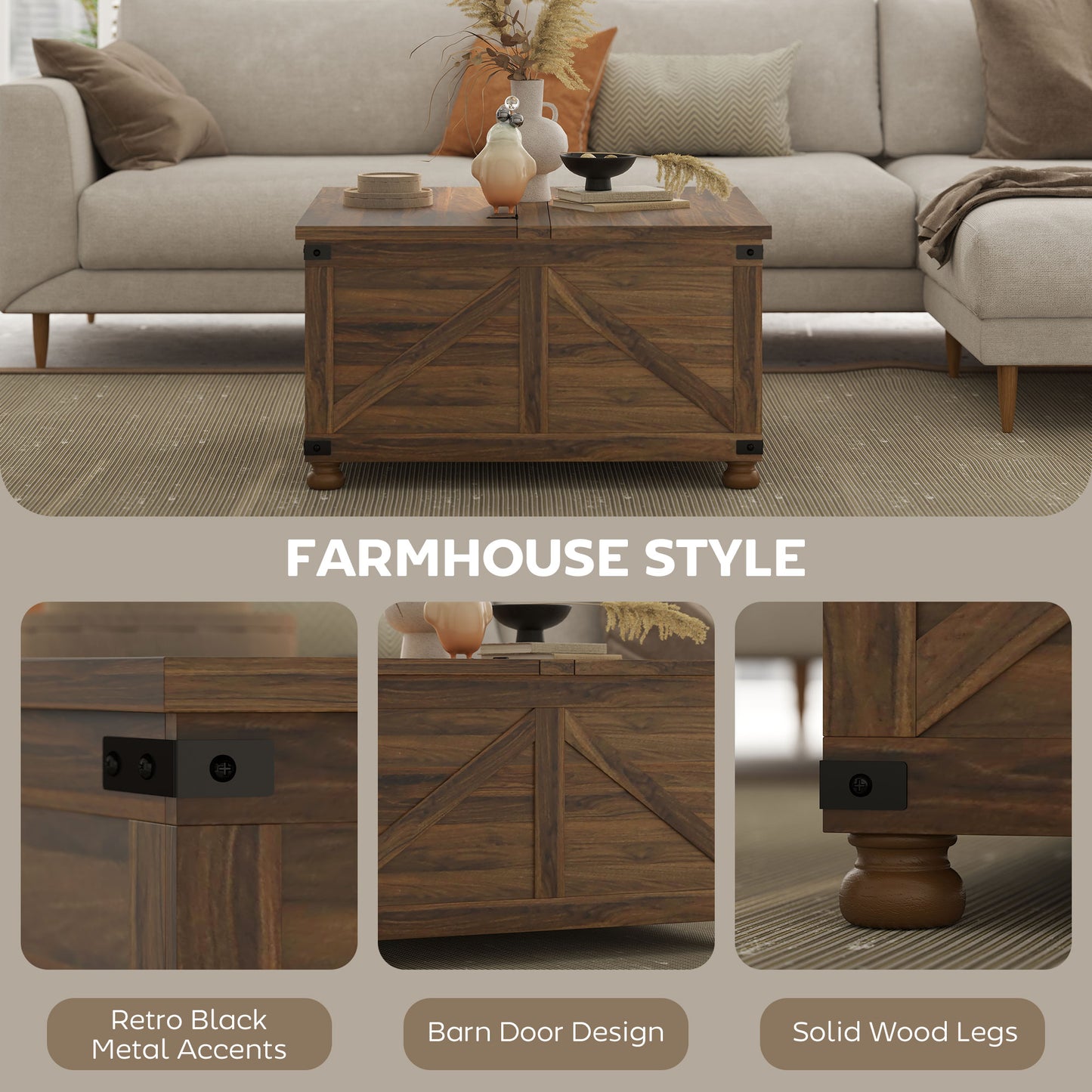 Coffee Table with Lift Top, 32" Farmhouse Center Table with Hidden Compartment for Living Room, Brown Wood Grain