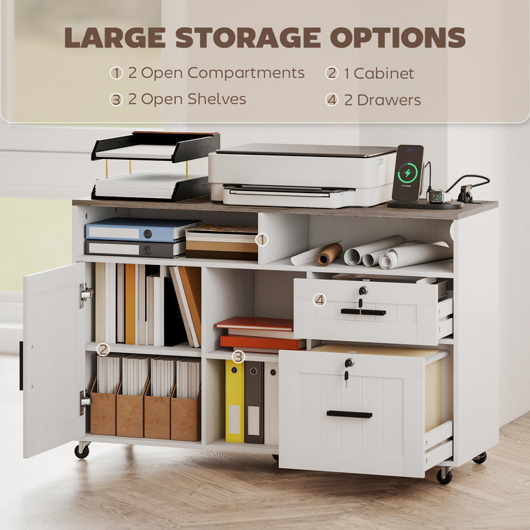 Mobile Printer Stand with Charging Station & Lock - White