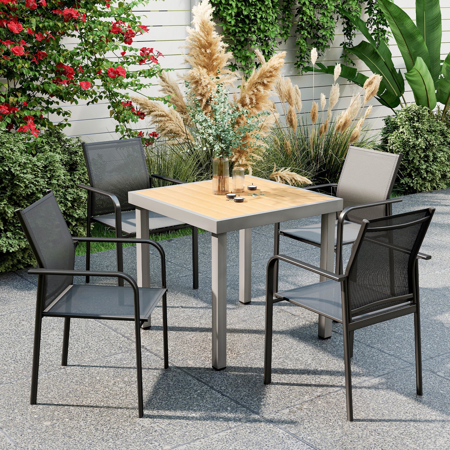 Stackable Patio Chairs Set of 4, Outdoor Dining Chairs with 20" Deep Seat, All Weather Breathable Mesh, Armrests, Black - Black