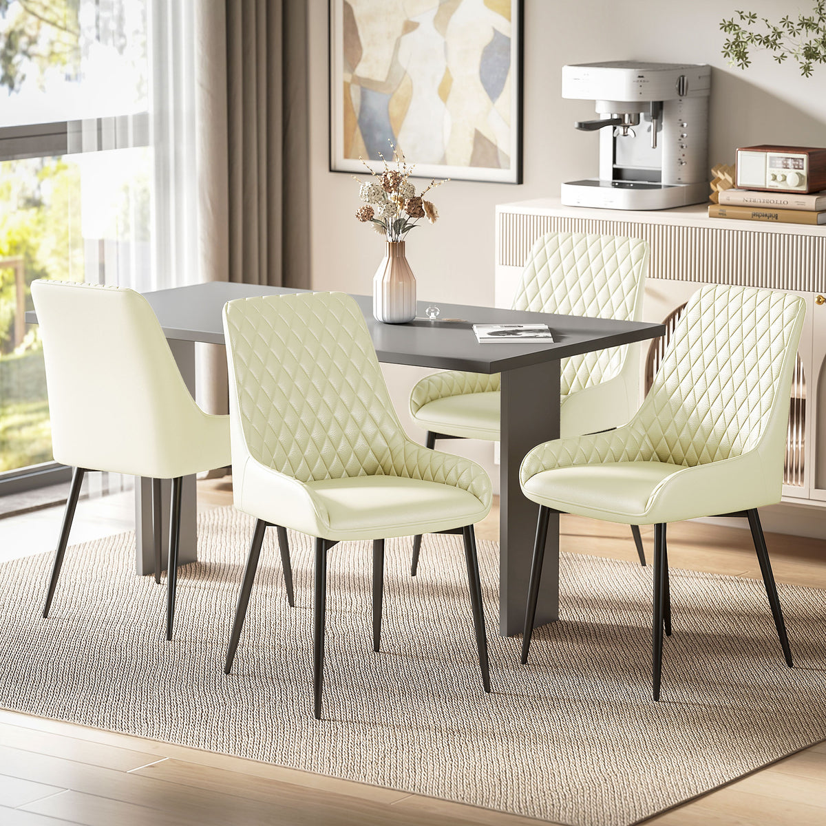 Set of 4 Upholstered Kitchen Chairs, Modern Dining Chairs with Diamond Tufting and Steel Legs for Dining Room, Cream White
