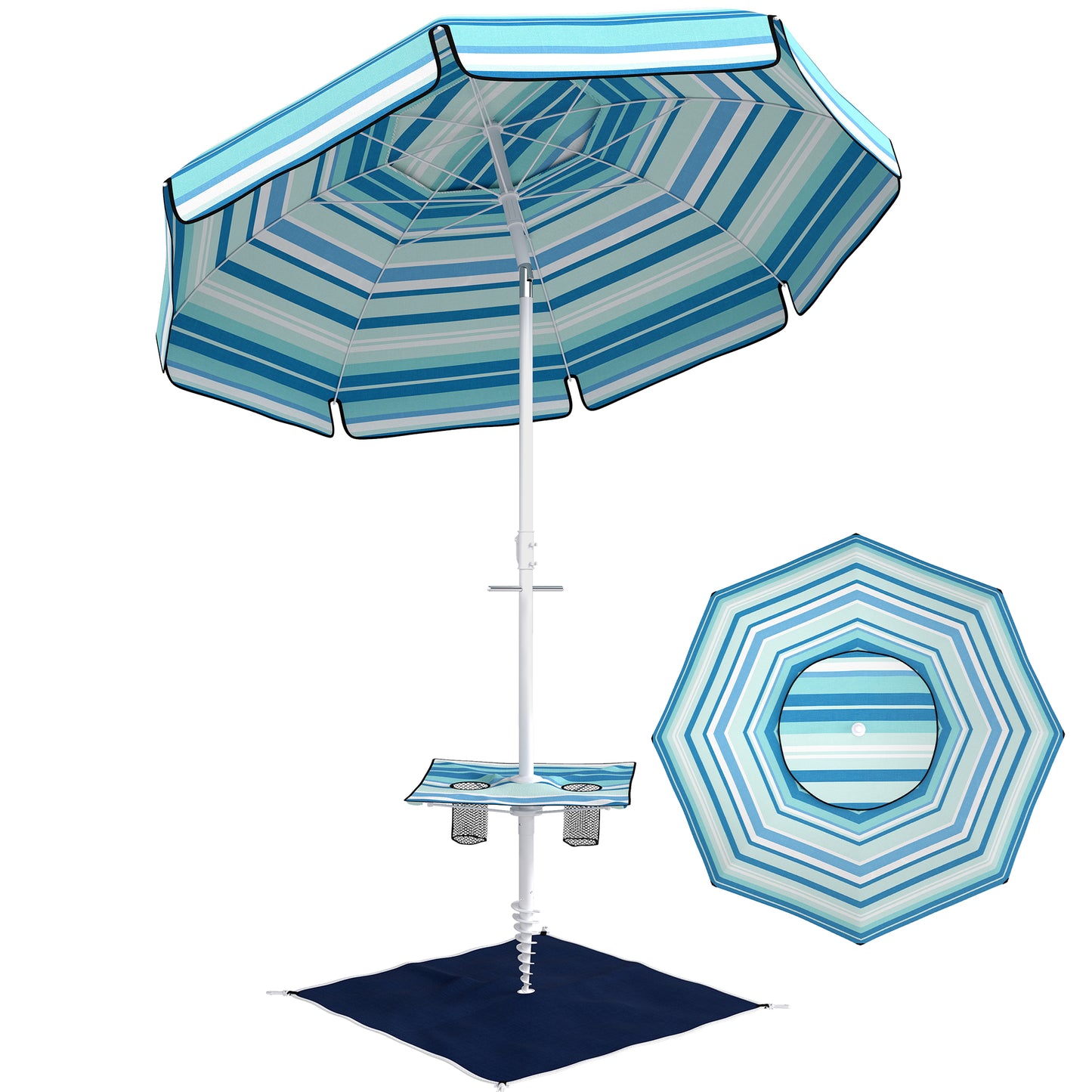 6 ft Portable Beach Umbrella with Foldable Table, Tilting Outdoor Sun Shade with Sand Anchor, Sandbag, Dark Blue