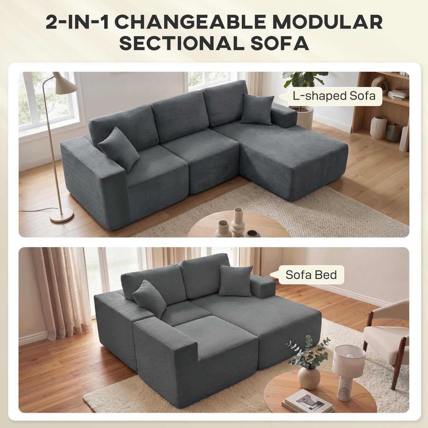2-in-1 Modular L-Shape Sectional Sofa Bed - Dark Grey