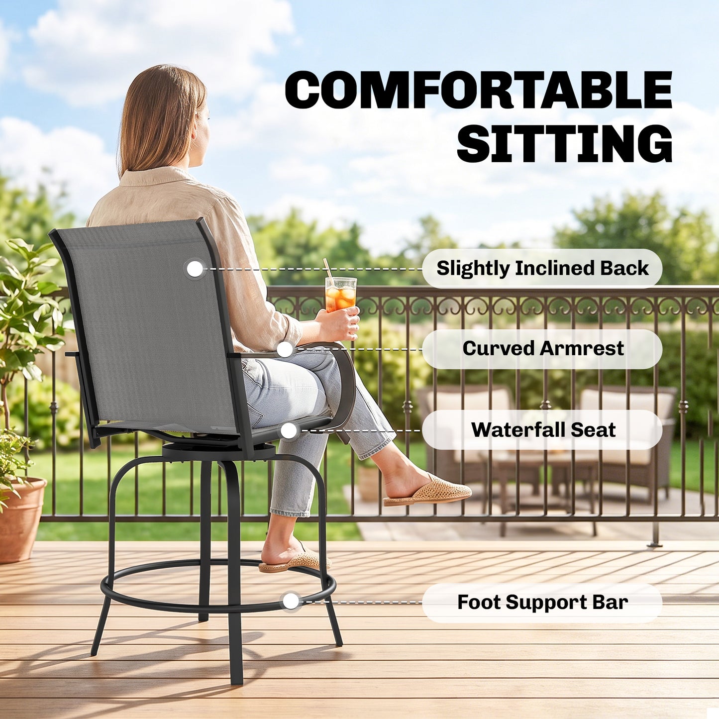 Outdoor Bar Stools Set of 2, 360° Swivel Bar Height Chairs, 26.8" x 29.5" x 48.4", Grey
