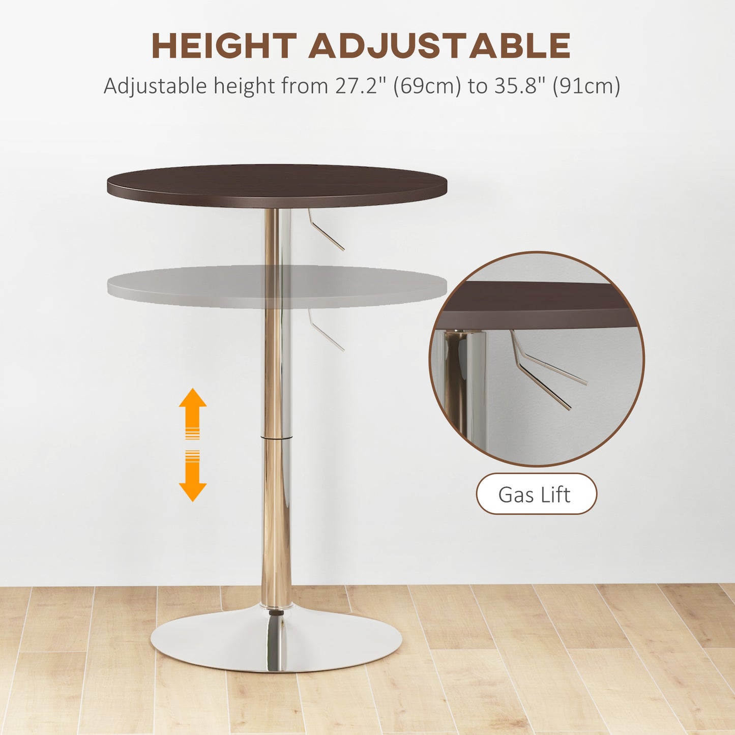 High Top Bar Table, Adjustable Round Kitchen Table with Swivel Top and Steel Base, Bistro Table for 2 People, Walnut