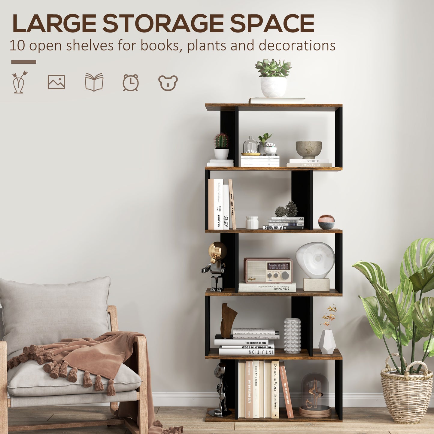 5-Tier Bookshelf, Geometric S-Shaped Bookcase, Tall Narrow Display Shelf for Living Room, Study Room, Rustic Brown
