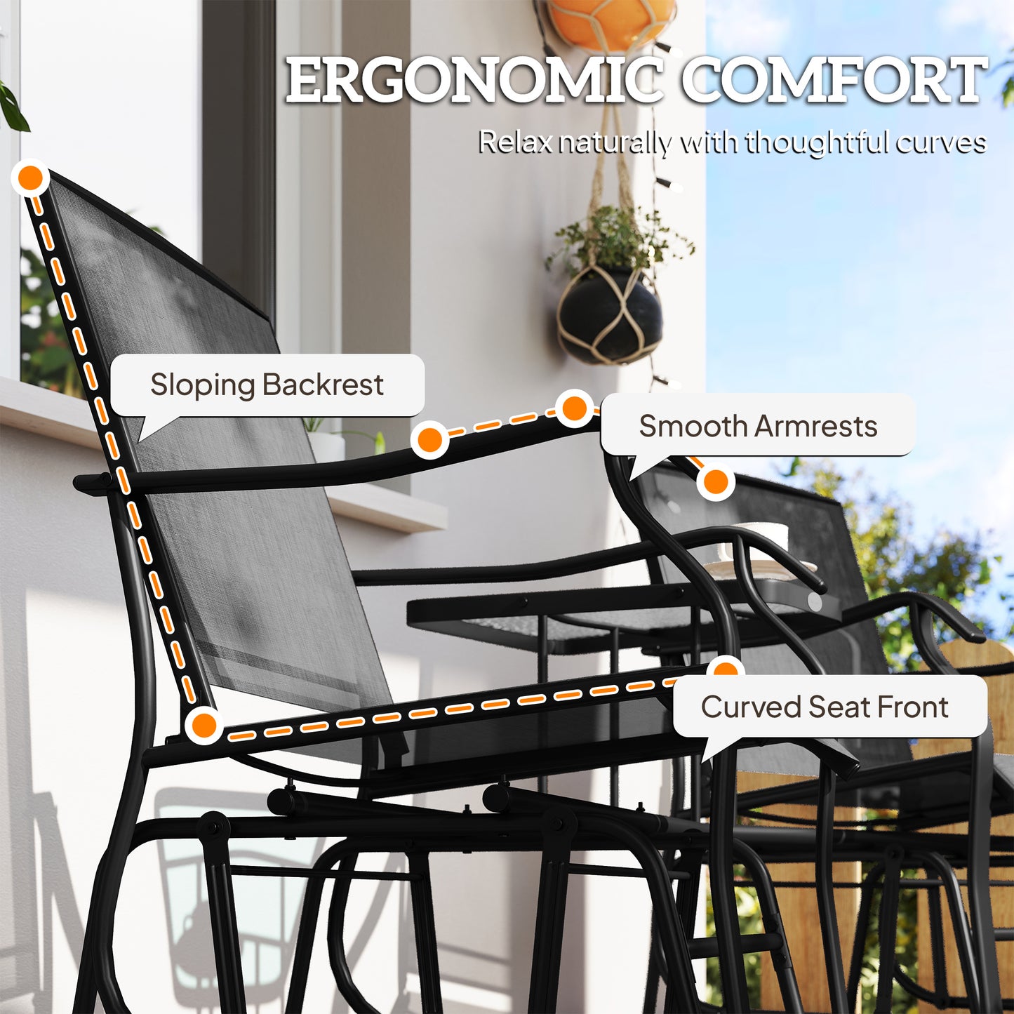 Double Patio Glider Chair with Glass Top Center Table, Outdoor Glider Loveseat with High Back, All Weather Breathable Mesh Fabric for Garden, Backyard, Deck, Black