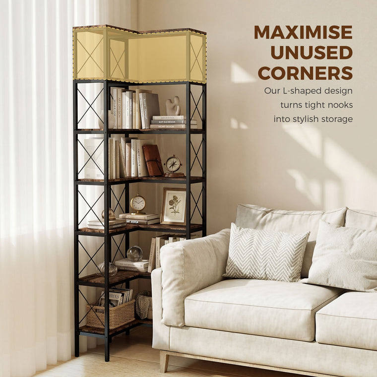 6-Tier L-Shaped Corner Bookcase with Metal Frame - Rustic Brown