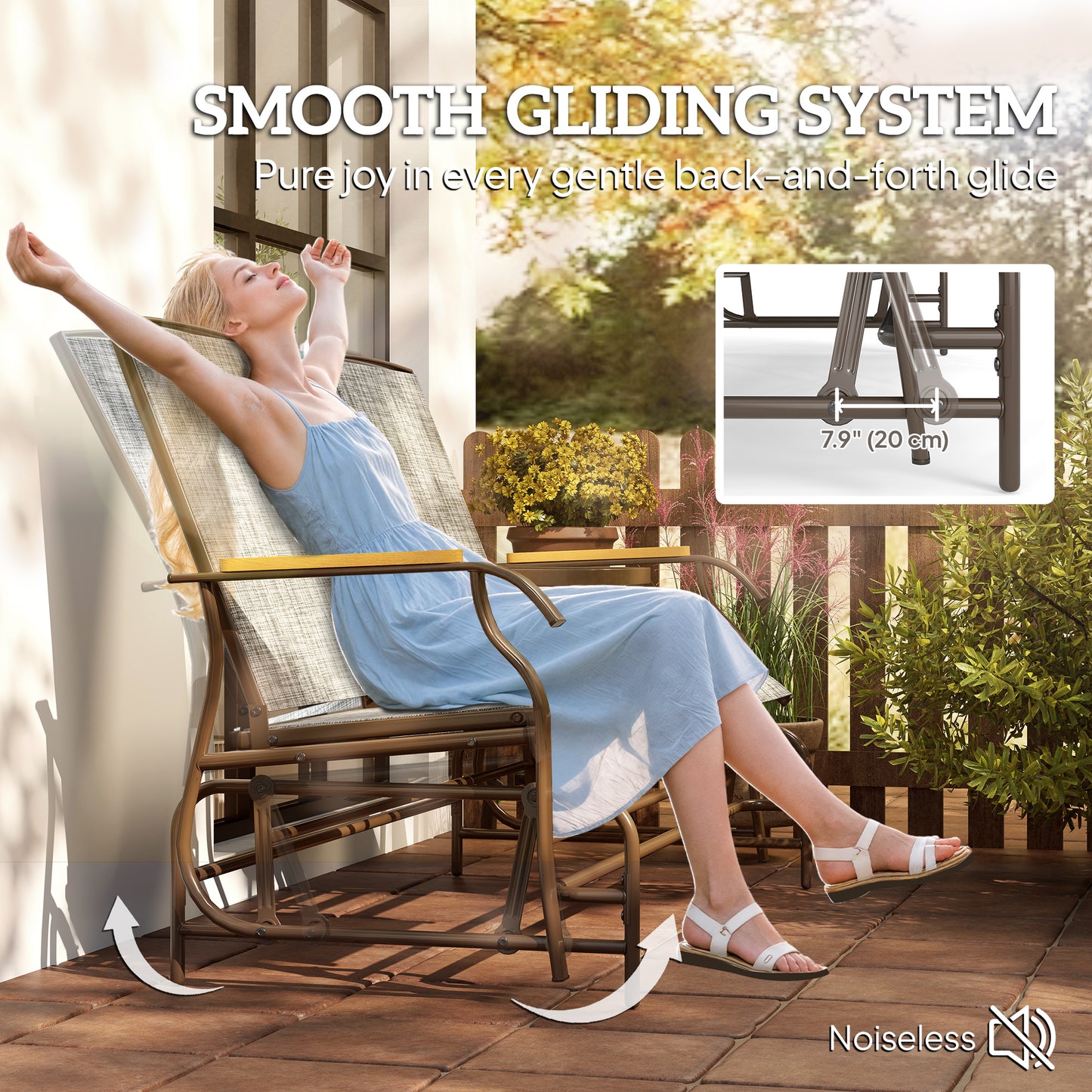 Outdoor 2-Person Glider Bench, Outside Swing Glider Chair Loveseat with Breathable Mesh, Table, Steel Frame