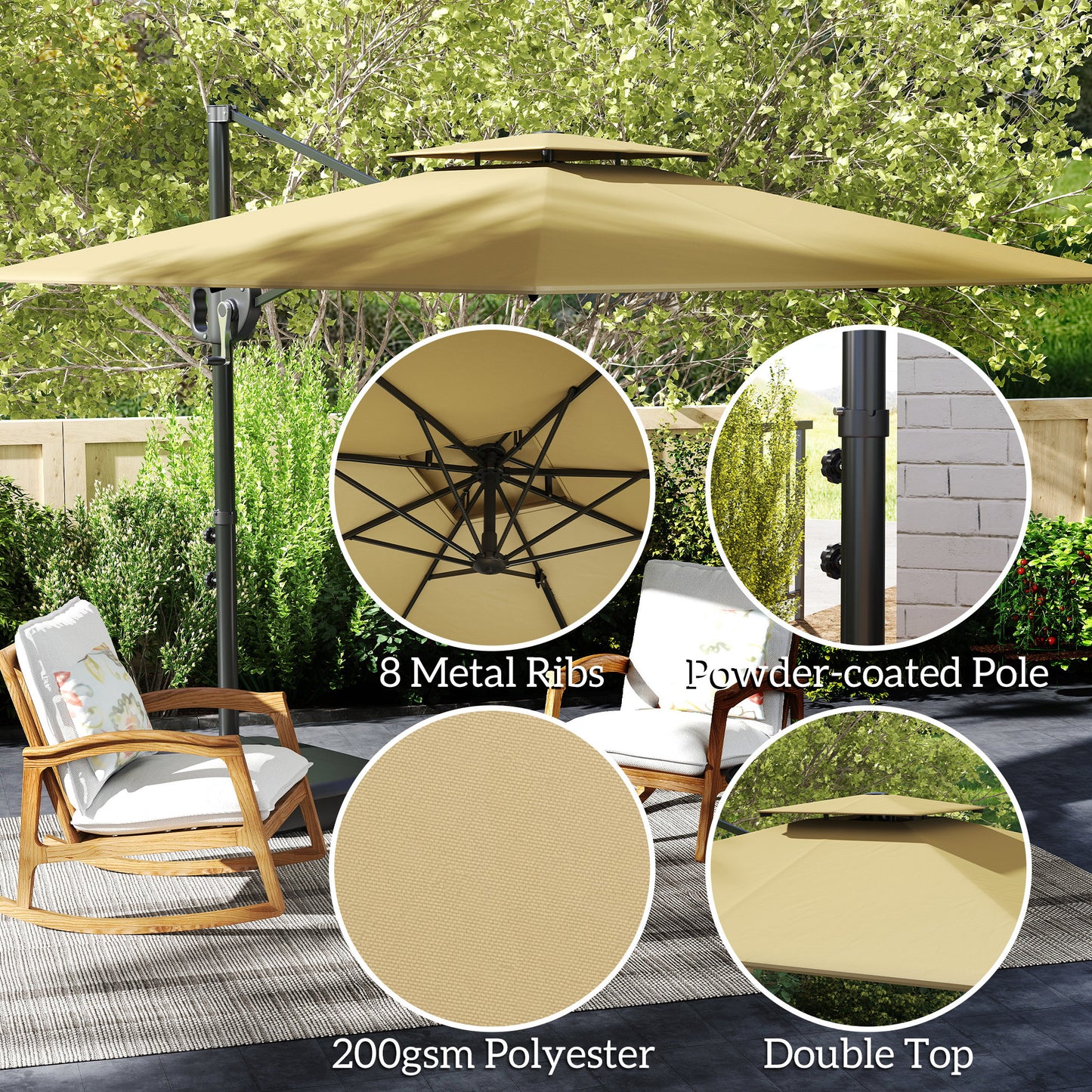 Square Cantilever Patio Umbrella, Double Top Patio Hanging Offset Umbrella with Crank & Tilt, 8' x 9', khaki