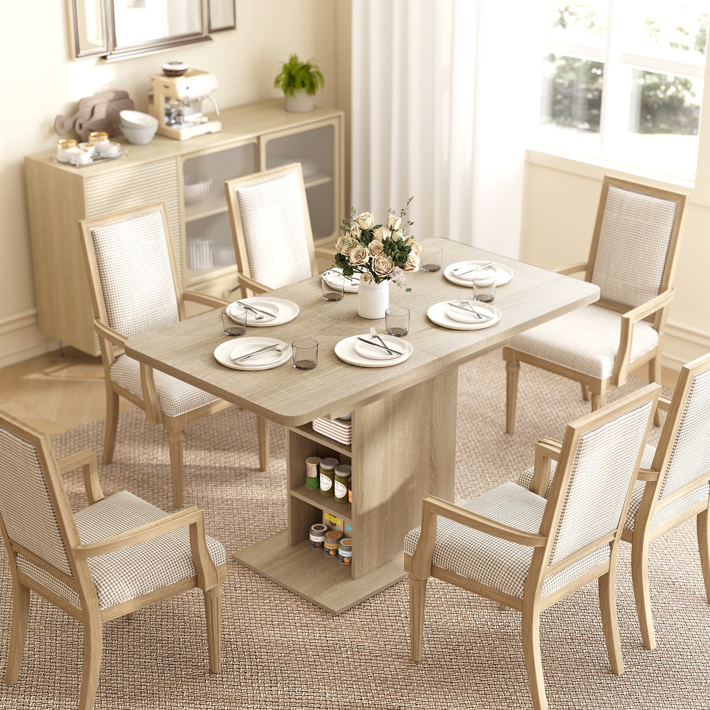 Extendable Dining Table for 4-6 People, 43.3"-51.2" Kitchen Table with 6 Open Shelves, Natural Wood