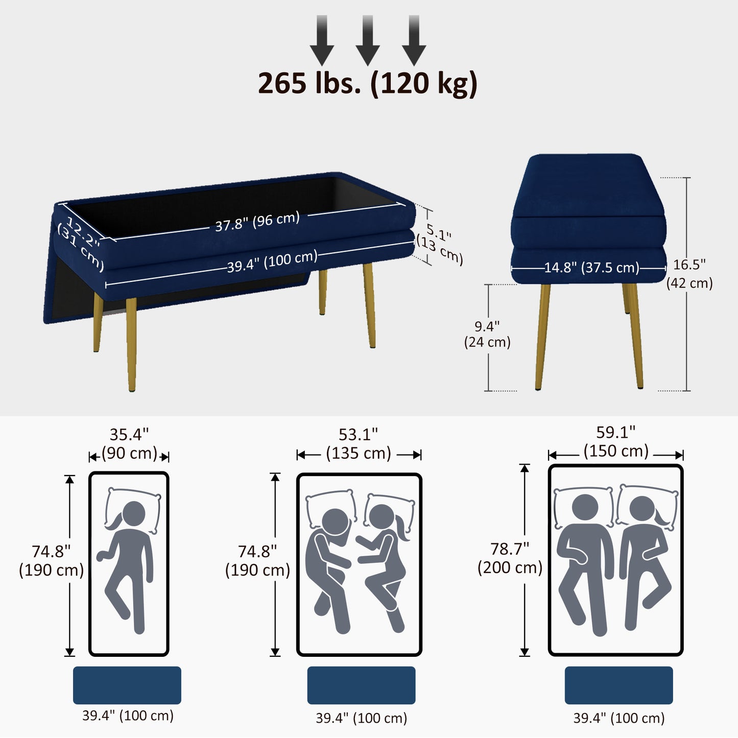 39" Storage Ottoman, Velvet End of Bed Bench with Steel Legs, Foot Stool with Storage for Bedroom, Living Room