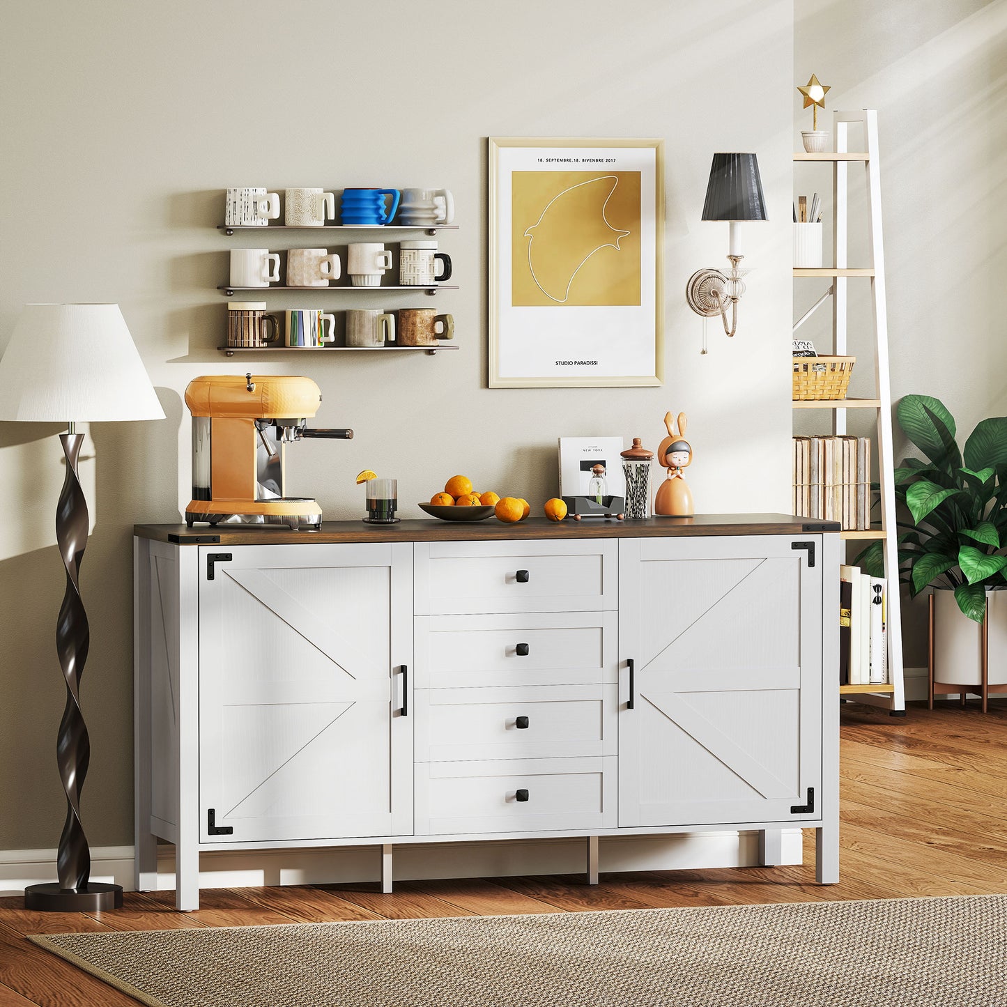 59" Buffet Cabinet, Farmhouse Sideboard with Thick Top, 2 Barn Doors, 4 Drawers and 2 Adjustable Shelves, White