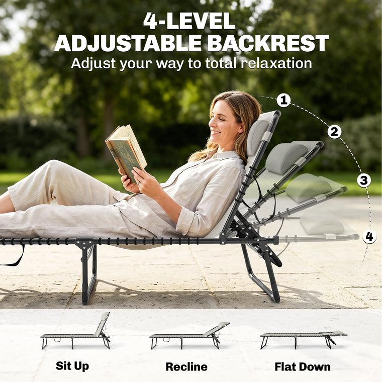 Cream 4-Level Adjustable Chaise Lounge with Headrest