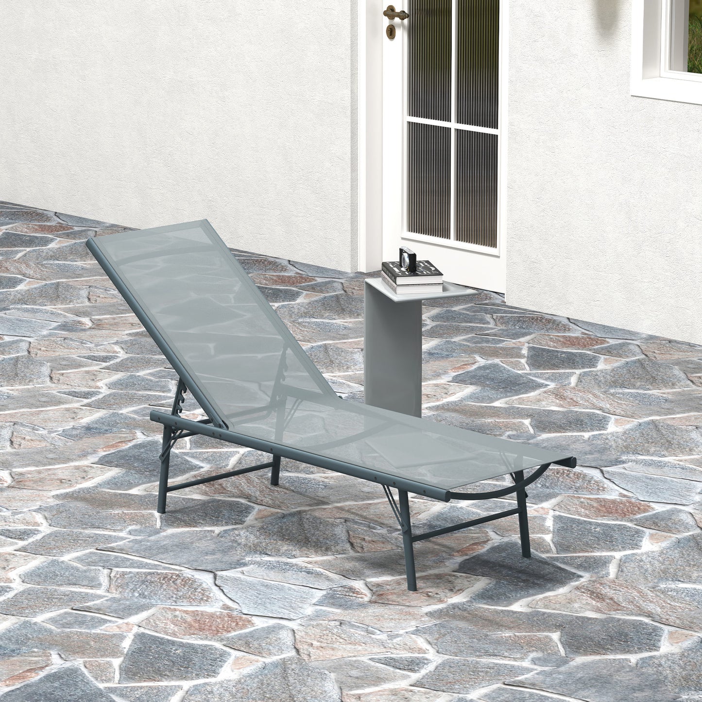 Folding Outdoor Lounge Chair, Reclining Chaise Lounge Tanning Chair w/ Adjustable Back, Mesh Seat, Light Grey