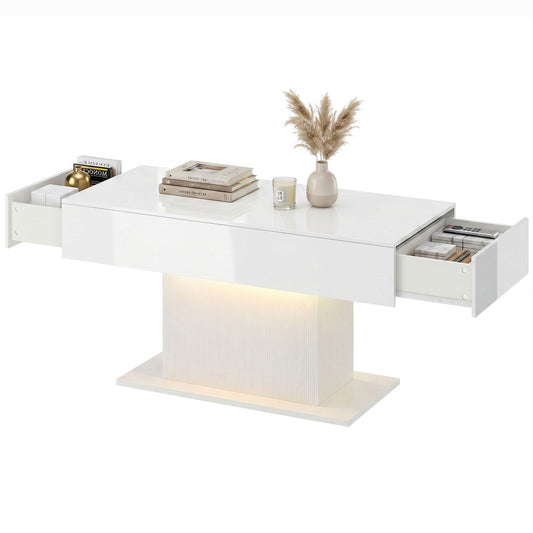 LED Coffee Table with 2 Drawers and Remote - White
