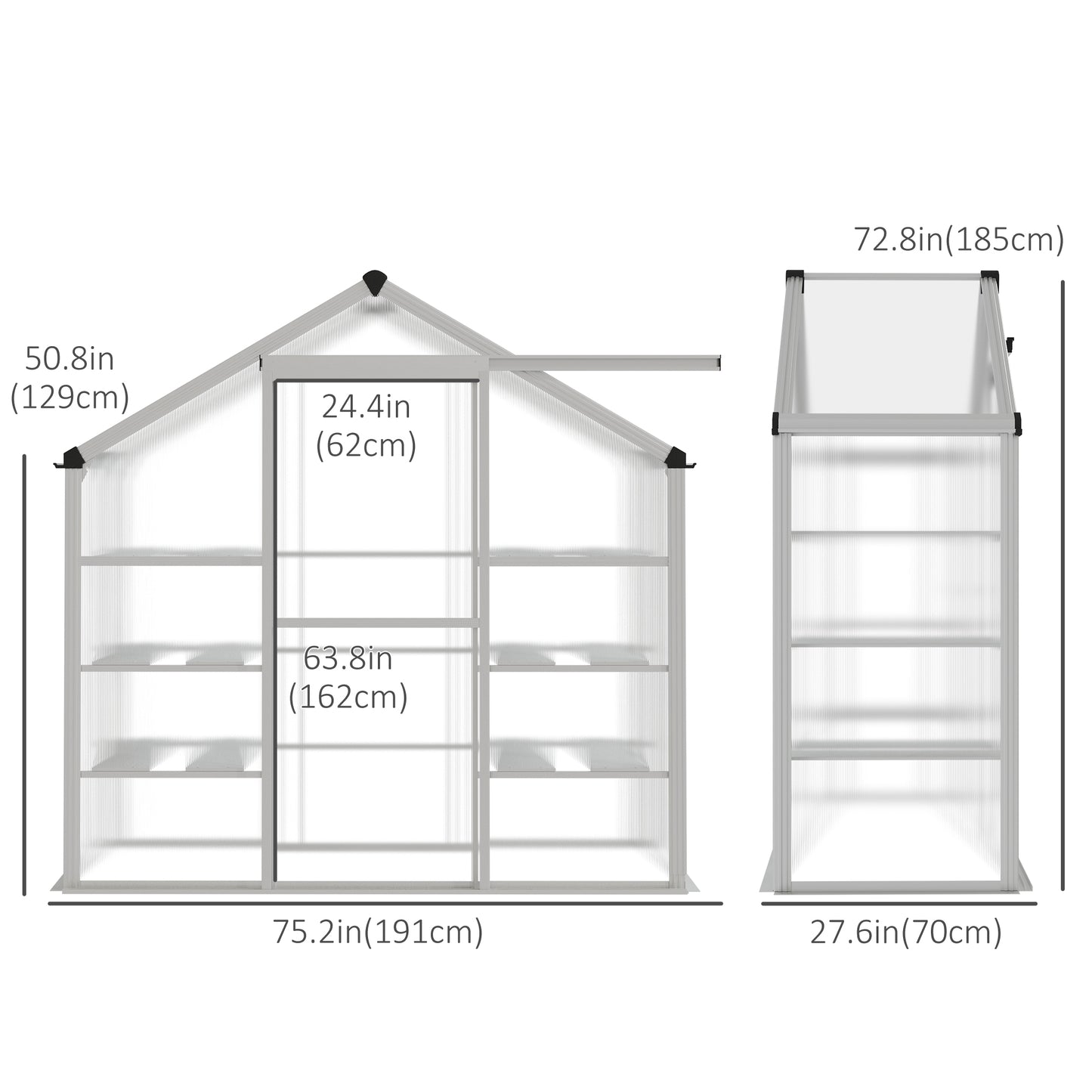 6.3' x 2.3' x 6.1' Outdoor Polycarbonate Greenhouse with 3-Tier Shelves, Cold Frame Greenhouse with Sliding Door and Aluminum Frame