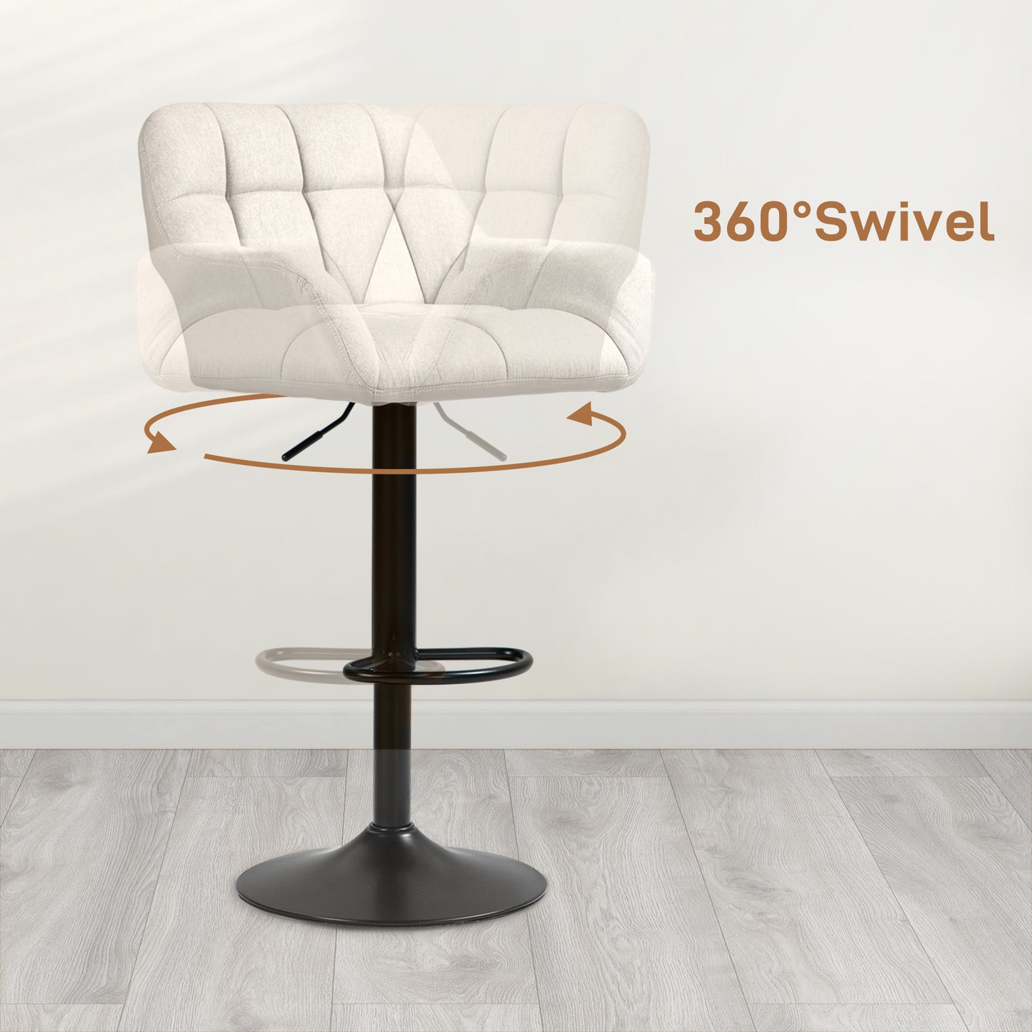 Swivel Barstools Set of 2 Adjustable Bar Stools with Footrest Armrests and PU Leather Back for Dining Room Cream White