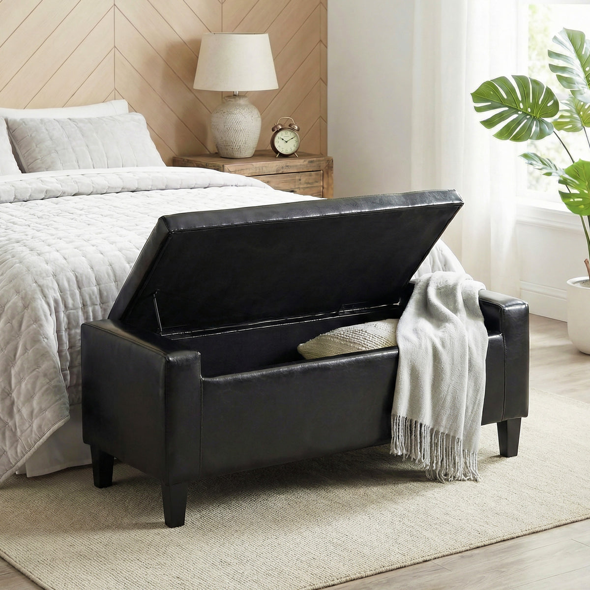 Storage Ottoman Bench, PU Leather Upholstered Bench with Tufted Design, Black