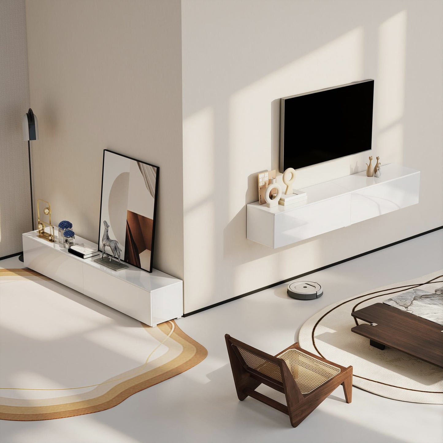 Floating TV Stand for TVs up to 75 Inch, 70.9" TV Cabinet, Entertainment Center with 2 Flip Doors, High Gloss White