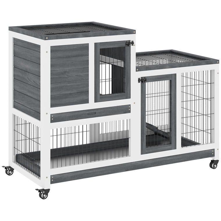 Grey Wooden Rabbit Hutch with Wheels & Pull Out Trays
