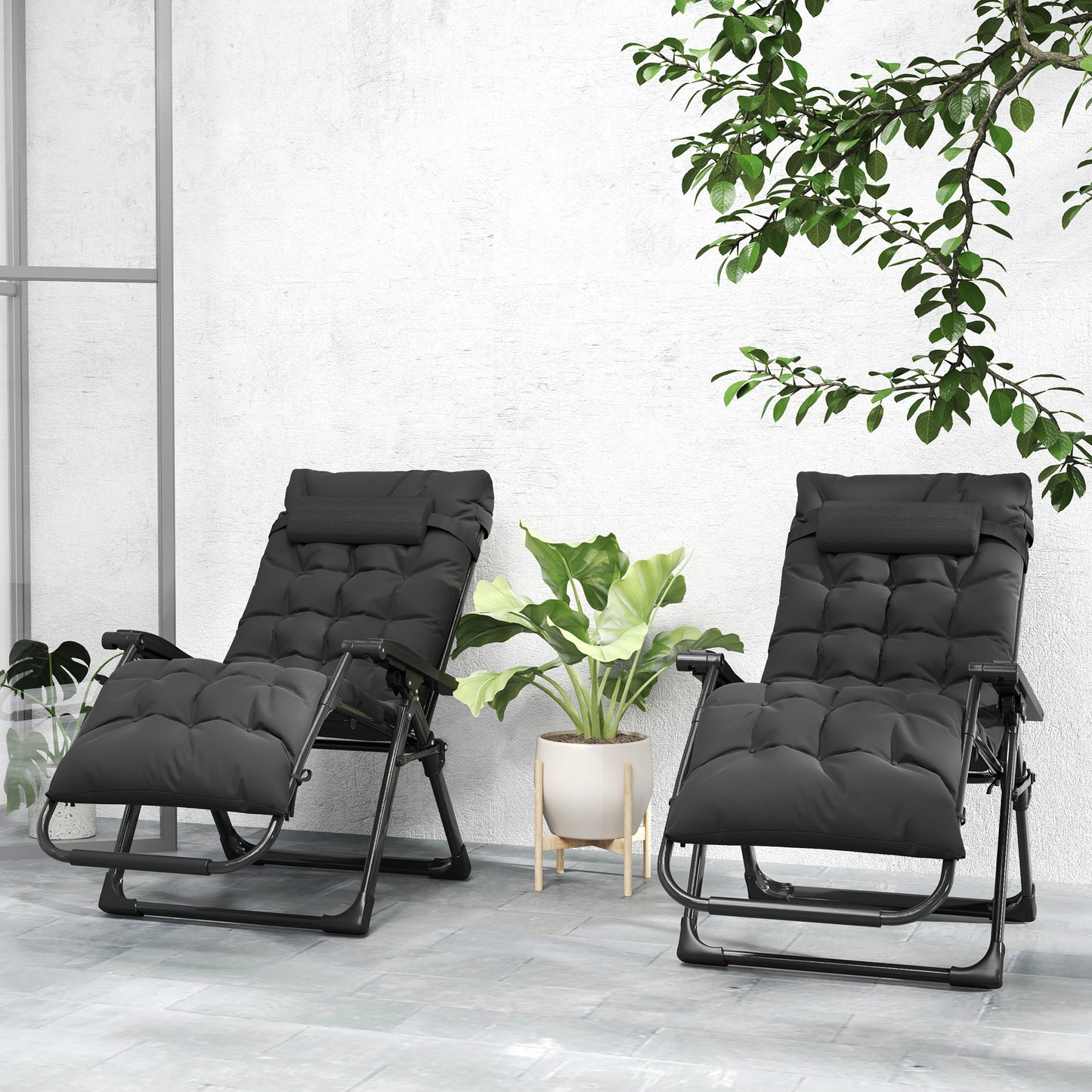 Folding Garden Chairs Set of 2, Reclining Zero Gravity Chair, Sun Lounger with Cushion and Headrest, Khaki